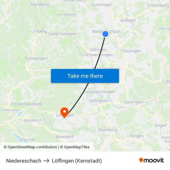 Niedereschach to Löffingen (Kernstadt) map