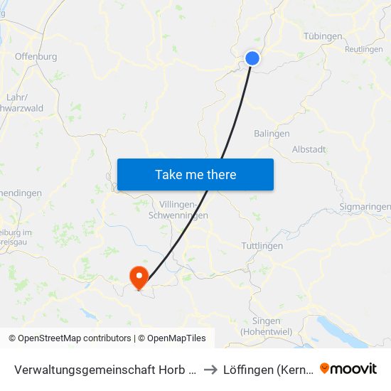 Verwaltungsgemeinschaft Horb am Neckar to Löffingen (Kernstadt) map