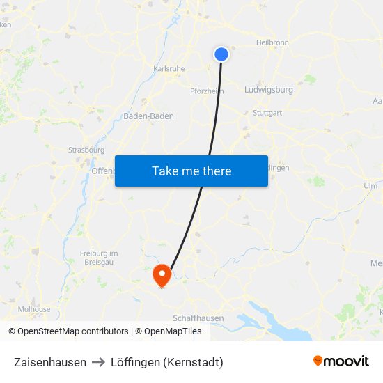 Zaisenhausen to Löffingen (Kernstadt) map