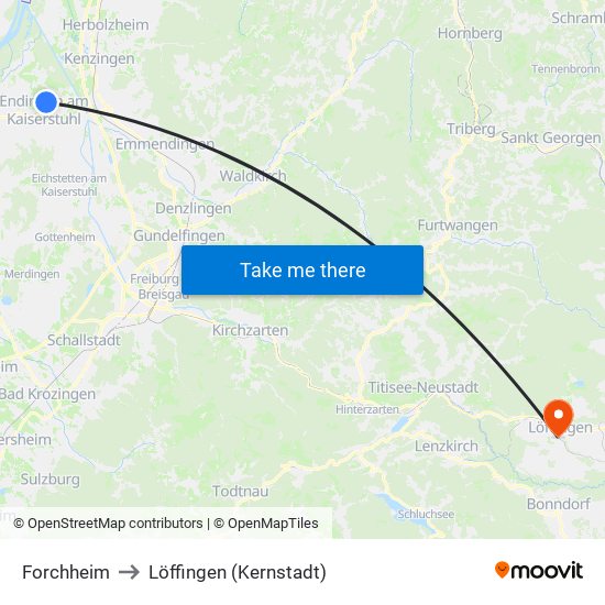 Forchheim to Löffingen (Kernstadt) map
