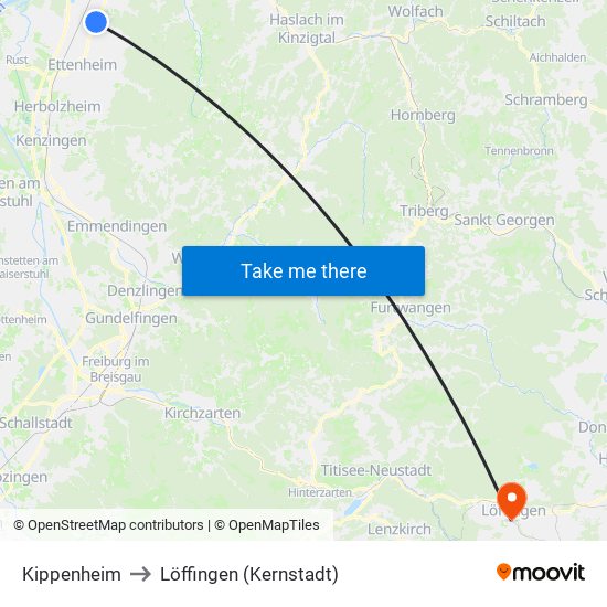 Kippenheim to Löffingen (Kernstadt) map