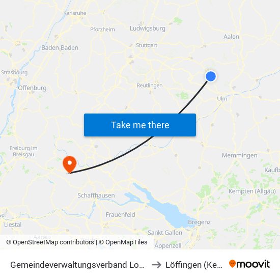 Gemeindeverwaltungsverband Lonsee-Amstetten to Löffingen (Kernstadt) map