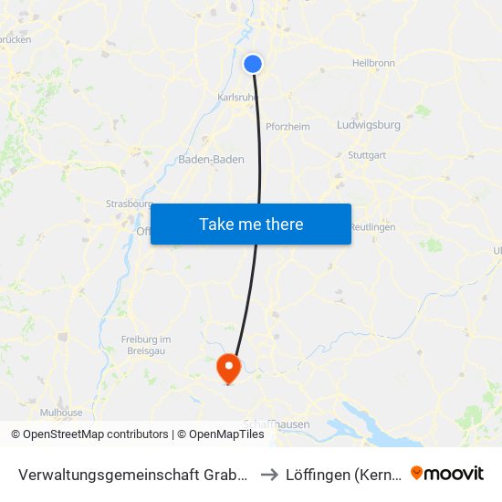 Verwaltungsgemeinschaft Graben-Neudorf to Löffingen (Kernstadt) map