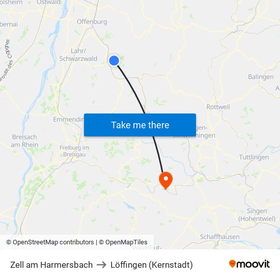 Zell am Harmersbach to Löffingen (Kernstadt) map