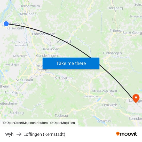 Wyhl to Löffingen (Kernstadt) map