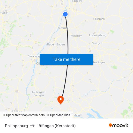 Philippsburg to Löffingen (Kernstadt) map