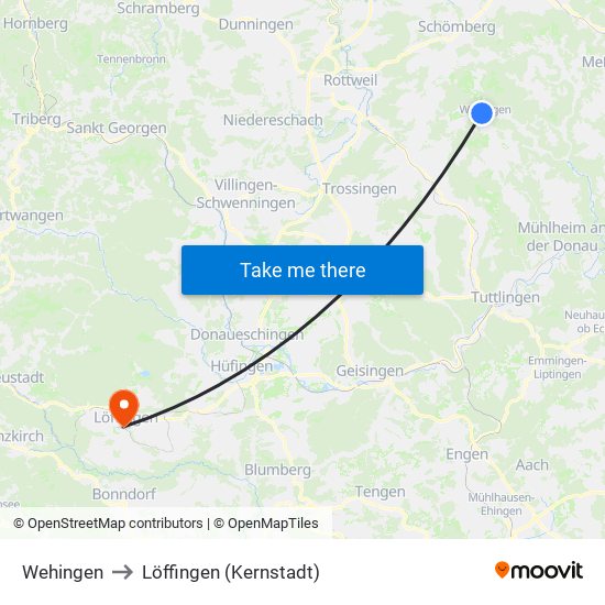 Wehingen to Löffingen (Kernstadt) map