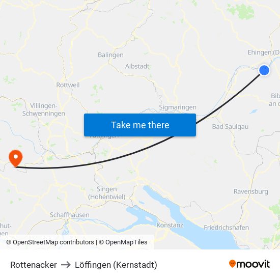 Rottenacker to Löffingen (Kernstadt) map