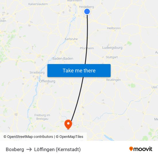 Boxberg to Löffingen (Kernstadt) map