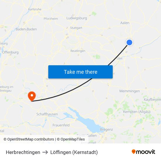 Herbrechtingen to Löffingen (Kernstadt) map