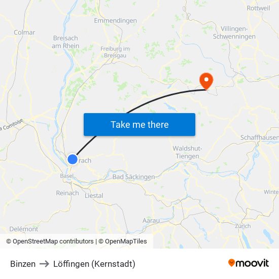 Binzen to Löffingen (Kernstadt) map