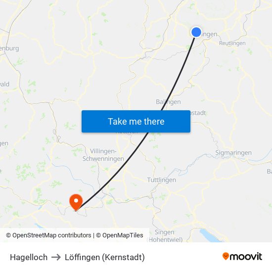 Hagelloch to Löffingen (Kernstadt) map