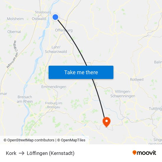 Kork to Löffingen (Kernstadt) map