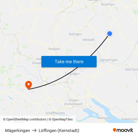 Mägerkingen to Löffingen (Kernstadt) map