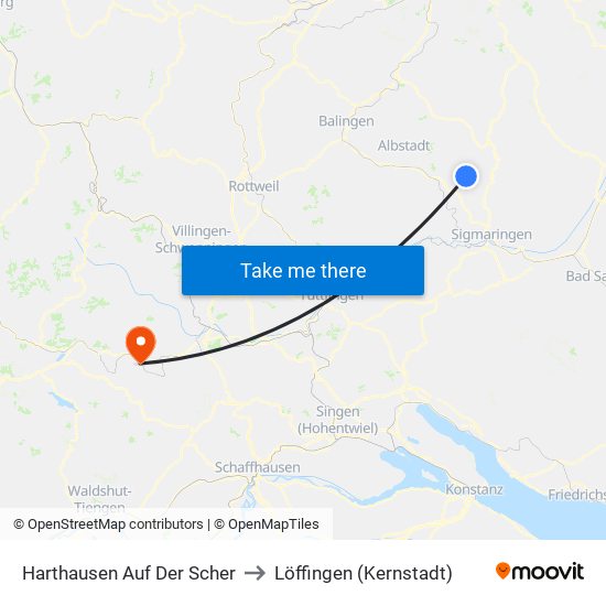 Harthausen Auf Der Scher to Löffingen (Kernstadt) map