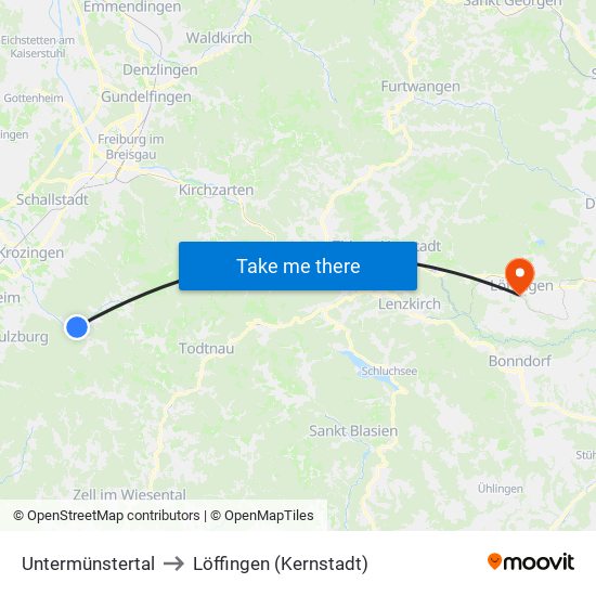 Untermünstertal to Löffingen (Kernstadt) map