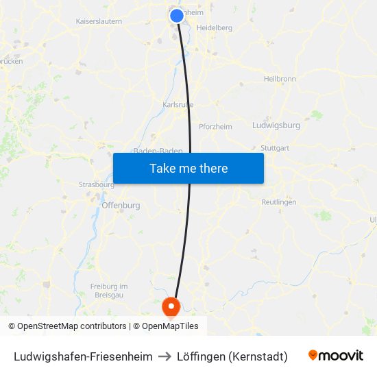 Ludwigshafen-Friesenheim to Löffingen (Kernstadt) map