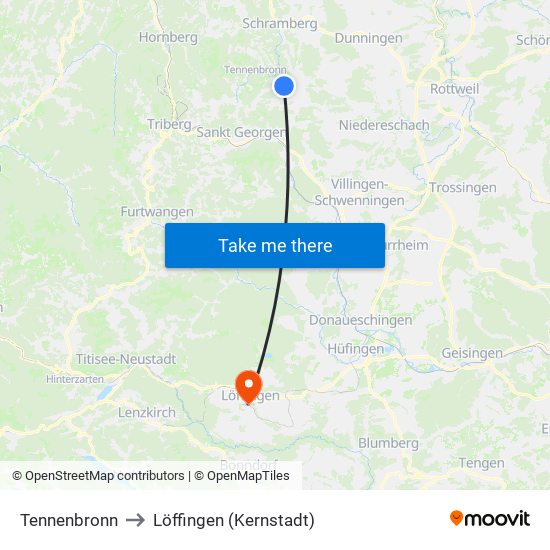 Tennenbronn to Löffingen (Kernstadt) map