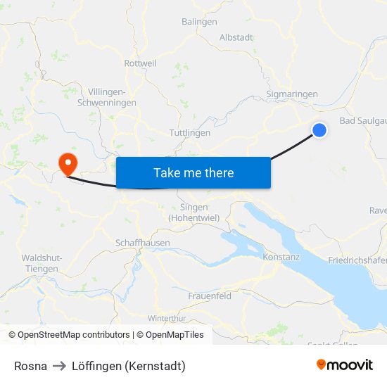 Rosna to Löffingen (Kernstadt) map