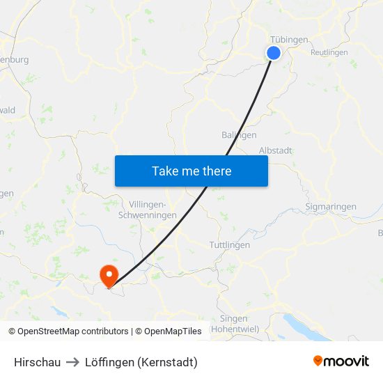 Hirschau to Löffingen (Kernstadt) map