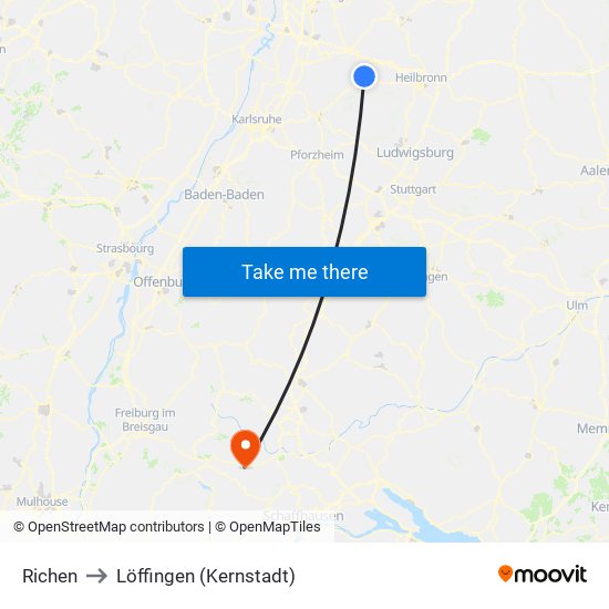 Richen to Löffingen (Kernstadt) map