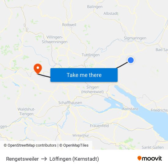 Rengetsweiler to Löffingen (Kernstadt) map