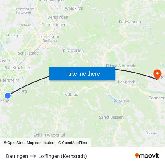 Dattingen to Löffingen (Kernstadt) map