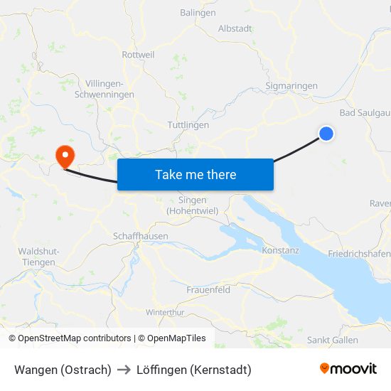 Wangen (Ostrach) to Löffingen (Kernstadt) map