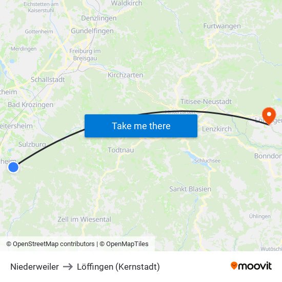 Niederweiler to Löffingen (Kernstadt) map