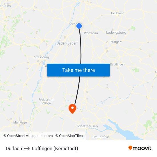 Durlach to Löffingen (Kernstadt) map