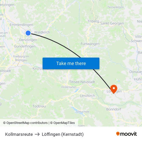 Kollmarsreute to Löffingen (Kernstadt) map