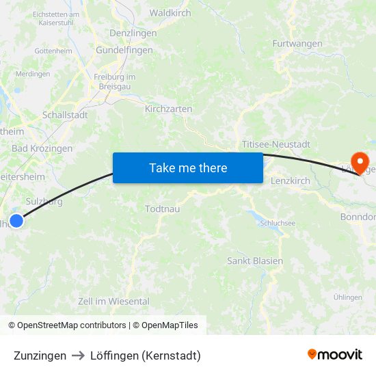 Zunzingen to Löffingen (Kernstadt) map