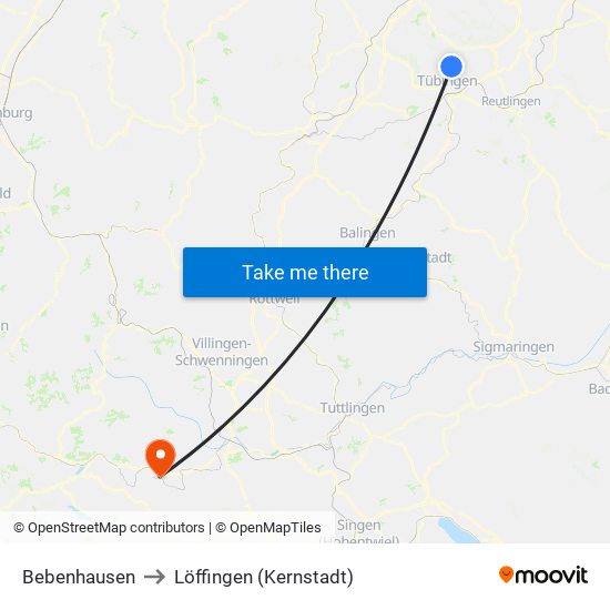 Bebenhausen to Löffingen (Kernstadt) map