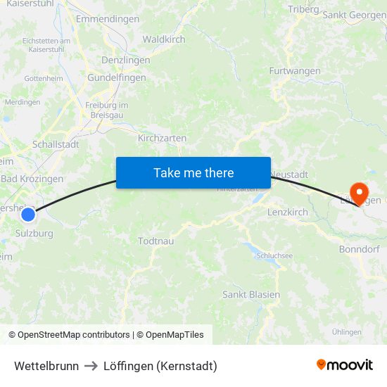 Wettelbrunn to Löffingen (Kernstadt) map