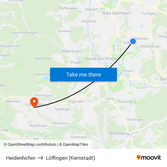 Heidenhofen to Löffingen (Kernstadt) map