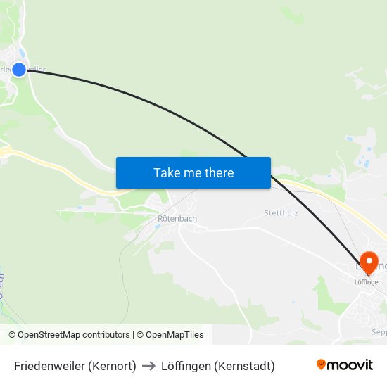 Friedenweiler (Kernort) to Löffingen (Kernstadt) map