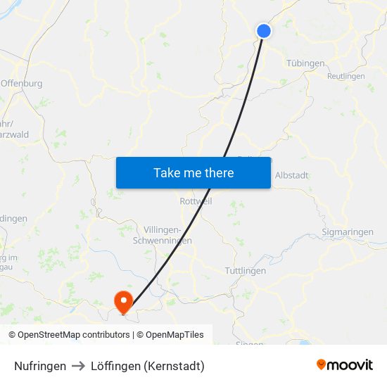 Nufringen to Löffingen (Kernstadt) map