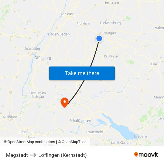 Magstadt to Löffingen (Kernstadt) map