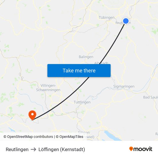 Reutlingen to Löffingen (Kernstadt) map