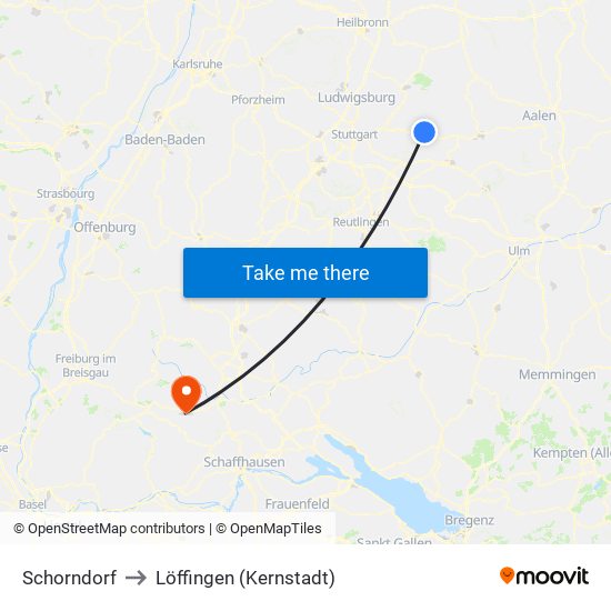 Schorndorf to Löffingen (Kernstadt) map