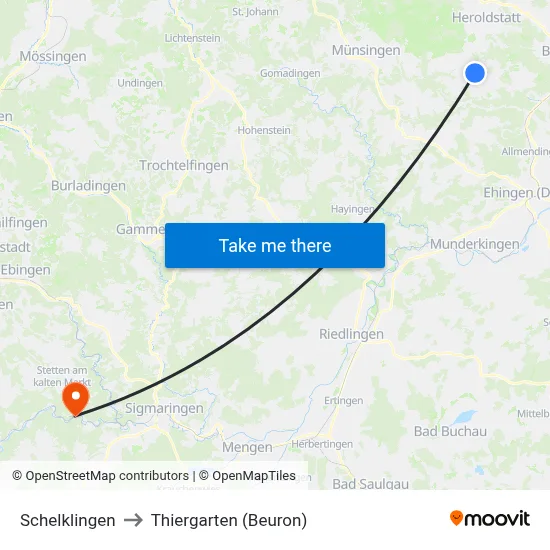Schelklingen to Thiergarten (Beuron) map