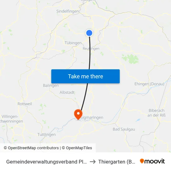 Gemeindeverwaltungsverband Pliezhausen to Thiergarten (Beuron) map