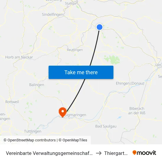 Vereinbarte Verwaltungsgemeinschaft Der Stadt Kirchheim Unter Teck to Thiergarten (Beuron) map