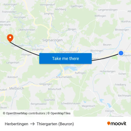 Herbertingen to Thiergarten (Beuron) map