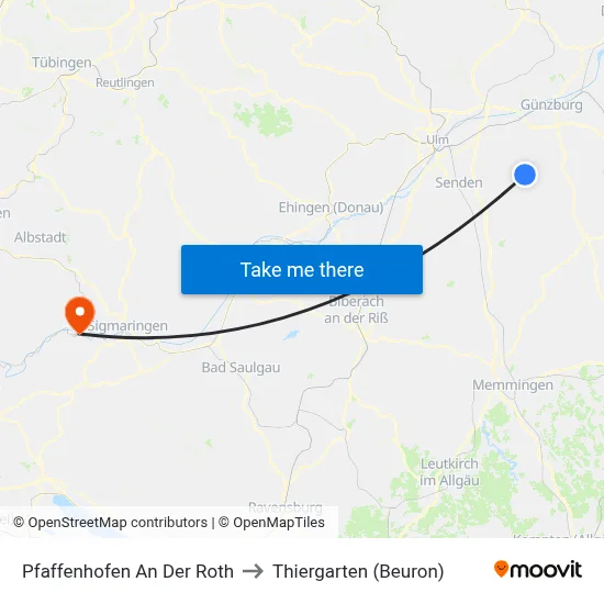 Pfaffenhofen An Der Roth to Thiergarten (Beuron) map