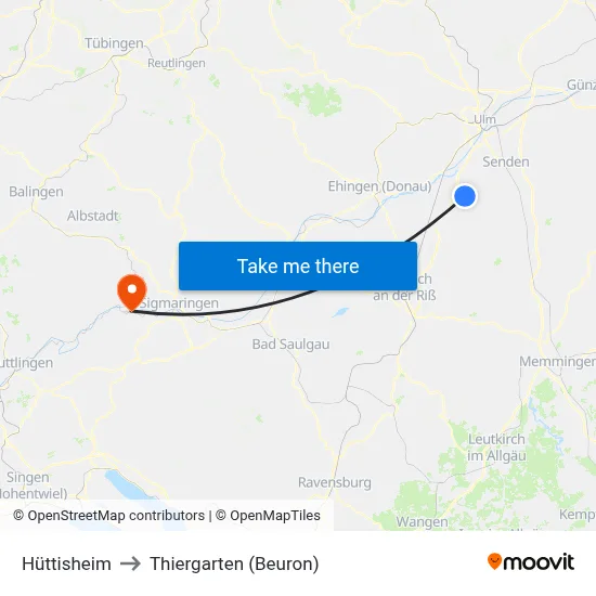 Hüttisheim to Thiergarten (Beuron) map