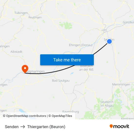 Senden to Thiergarten (Beuron) map