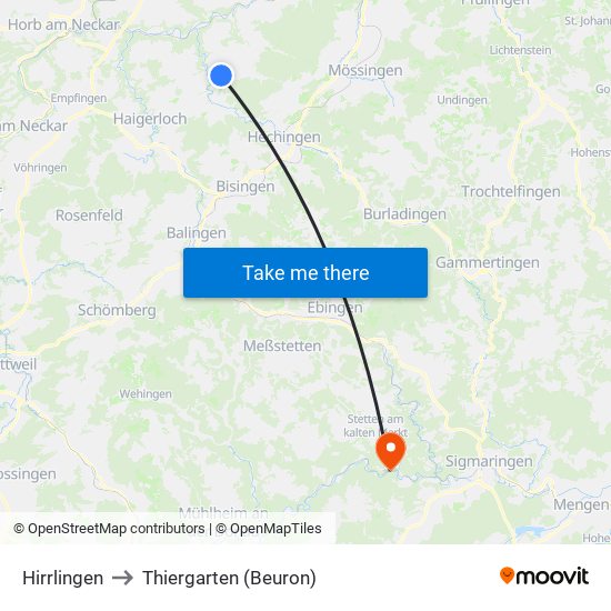 Hirrlingen to Thiergarten (Beuron) map