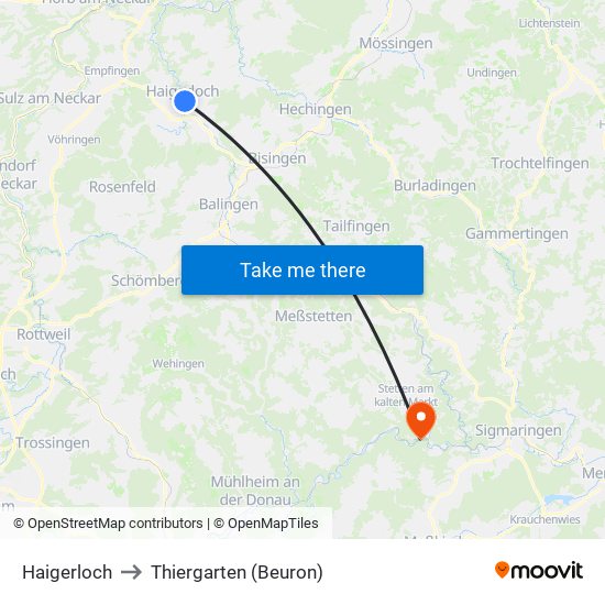 Haigerloch to Thiergarten (Beuron) map