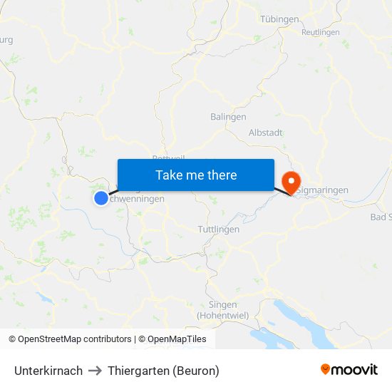 Unterkirnach to Thiergarten (Beuron) map